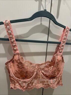 Victoria's Secret Pink Embroidered Lace Underwire Bra with Crystal Straps